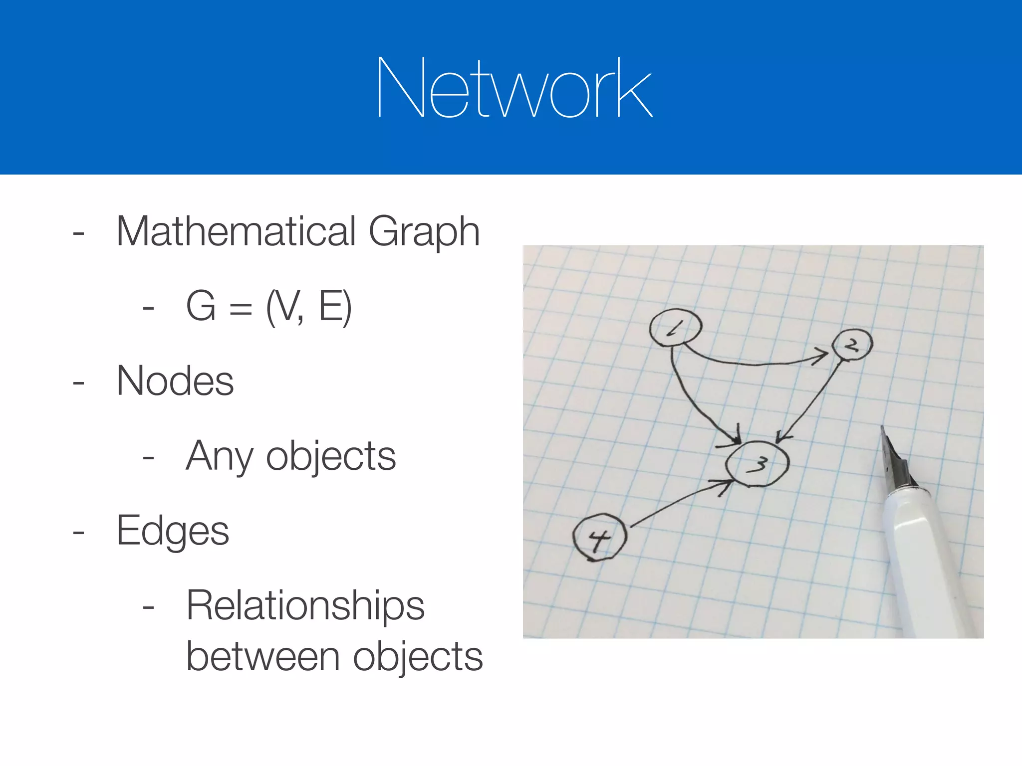 - Mathematical Graph
- G = (V, E)
- Nodes
- Any objects
- Edges
- Relationships
between objects
Network
 