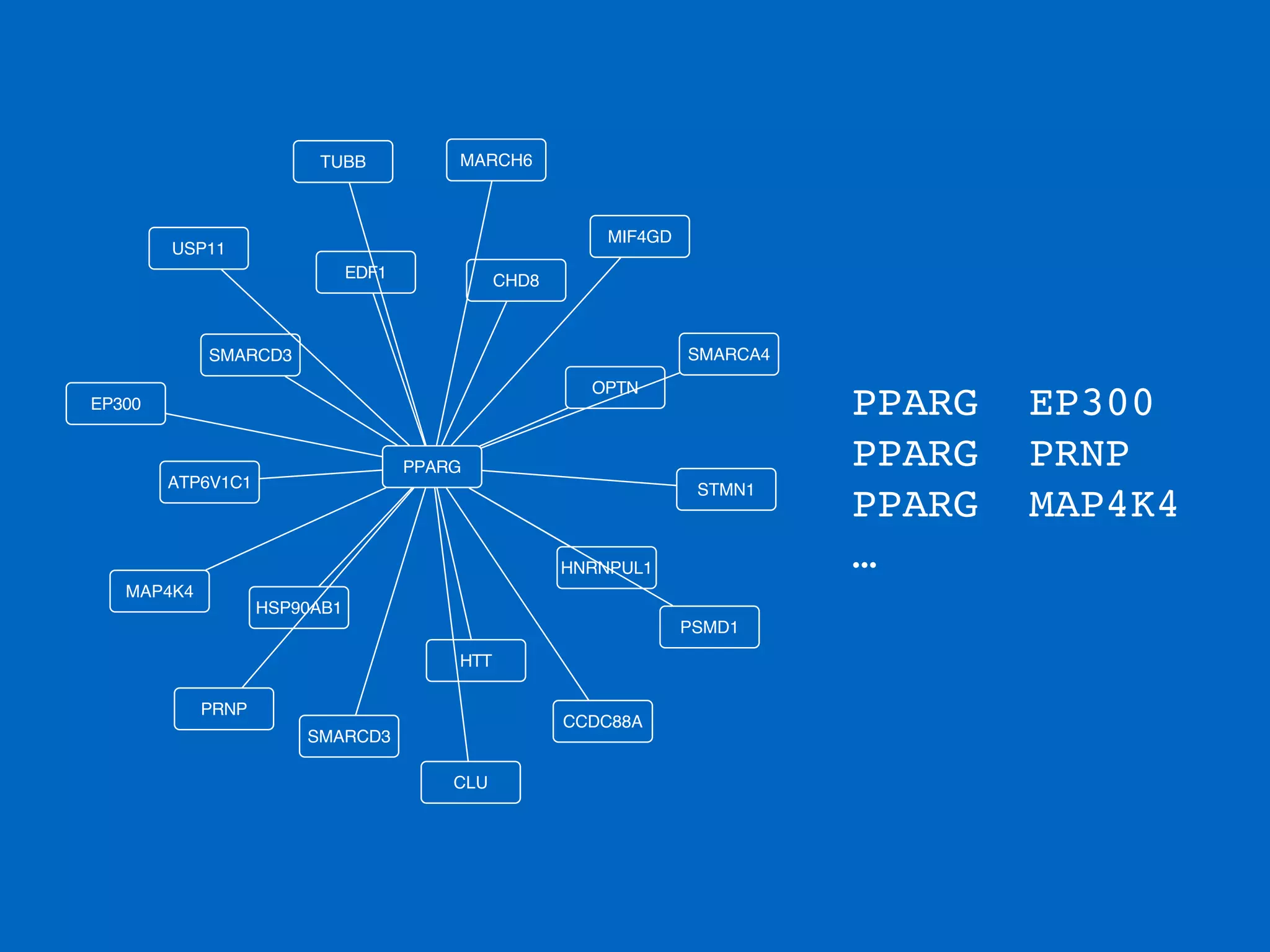 PPARG EP300!
PPARG PRNP!
PPARG MAP4K4!
…
EP300
PPARG
SMARCD3
STMN1
SMARCA4
OPTN
ATP6V1C1
PSMD1
HTT
PRNP
HNRNPUL1
CCDC88A
CLU
HSP90AB1
SMARCD3
MAP4K4
MIF4GD
USP11
MARCH6TUBB
EDF1 CHD8
 