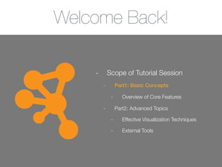 Welcome Back!
- Scope of Tutorial Session
- Part1: Basic Concepts
- Overview of Core Features
- Part2: Advanced Topics
- Effective Visualization Techniques
- External Tools
 