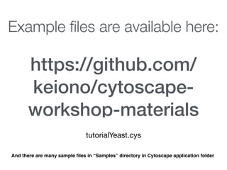 https://github.com/
keiono/cytoscape-
workshop-materials
Example ﬁles are available here:
tutorialYeast.cys
And there are many sample ﬁles in “Samples” directory in Cytoscape application folder
 
