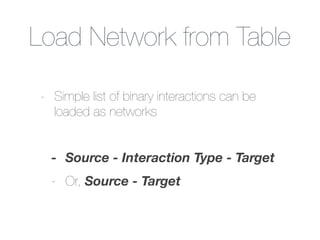 Load Network from Table
- Simple list of binary interactions can be
loaded as networks
!
- Source - Interaction Type - Target
- Or, Source - Target
 
