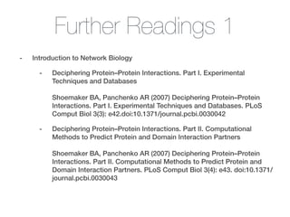 Further Readings 1
- Introduction to Network Biology
- Deciphering Protein–Protein Interactions. Part I. Experimental
Techniques and Databases 
 
Shoemaker BA, Panchenko AR (2007) Deciphering Protein–Protein
Interactions. Part I. Experimental Techniques and Databases. PLoS
Comput Biol 3(3): e42.doi:10.1371/journal.pcbi.0030042
- Deciphering Protein–Protein Interactions. Part II. Computational
Methods to Predict Protein and Domain Interaction Partners 
 
Shoemaker BA, Panchenko AR (2007) Deciphering Protein–Protein
Interactions. Part II. Computational Methods to Predict Protein and
Domain Interaction Partners. PLoS Comput Biol 3(4): e43. doi:10.1371/
journal.pcbi.0030043
 