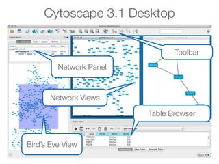 Cytoscape 3.1 Desktop
Toolbar
Network Panel
Bird’s Eve View
Table Browser
Network Views
 