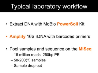 Typical bioinformatic workflow 
• Demultiplex and QC sequence data 
• Process using QIIME 
• Stare at graphs and wait for ...