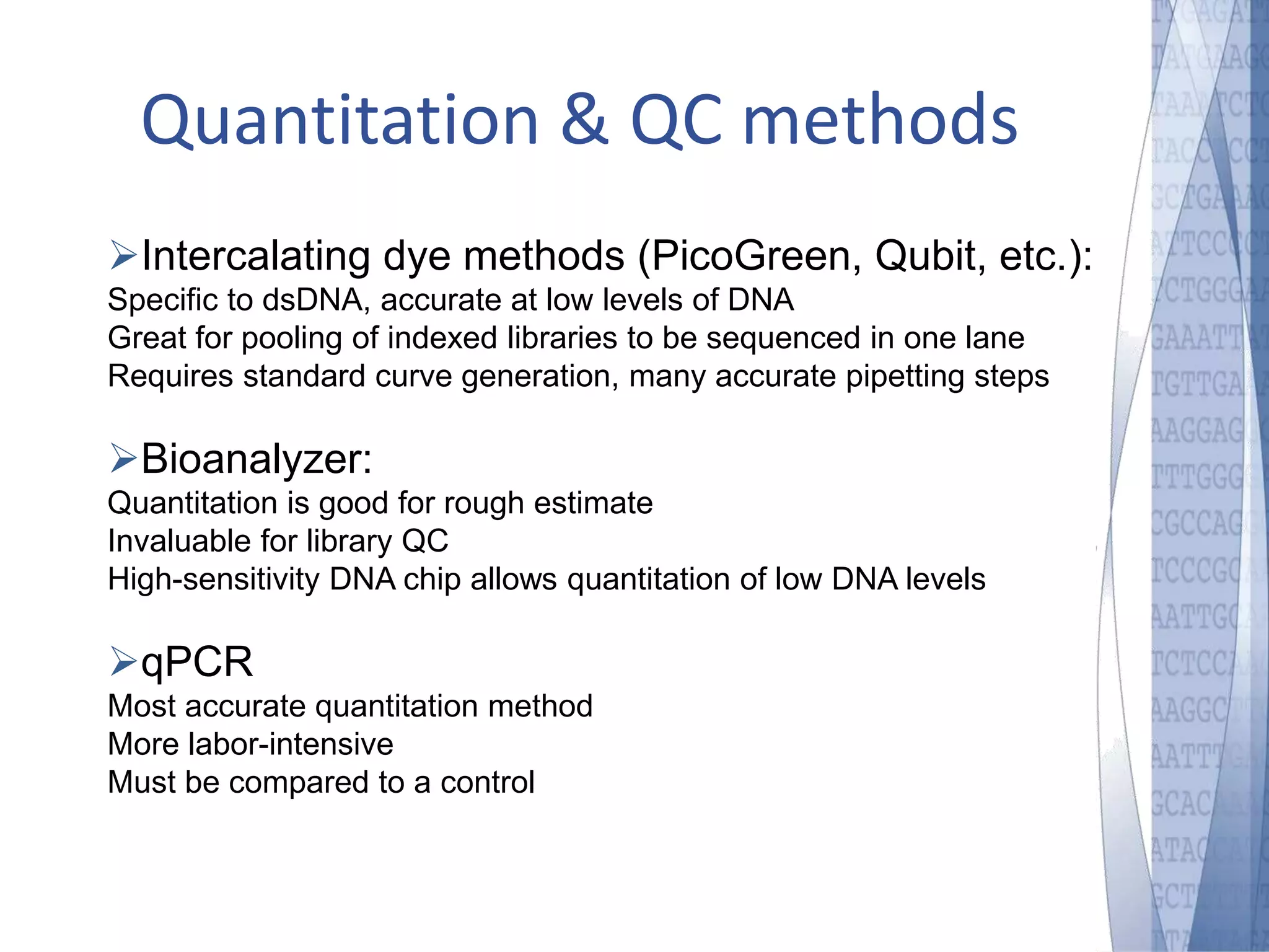 Quantitation & QC methods 
Intercalating dye methods (PicoGreen, Qubit, etc.): 
Specific to dsDNA, accurate at low levels of DNA 
Great for pooling of indexed libraries to be sequenced in one lane 
Requires standard curve generation, many accurate pipetting steps 
Bioanalyzer: 
Quantitation is good for rough estimate 
Invaluable for library QC 
High-sensitivity DNA chip allows quantitation of low DNA levels 
qPCR 
Most accurate quantitation method 
More labor-intensive 
Must be compared to a control 
 