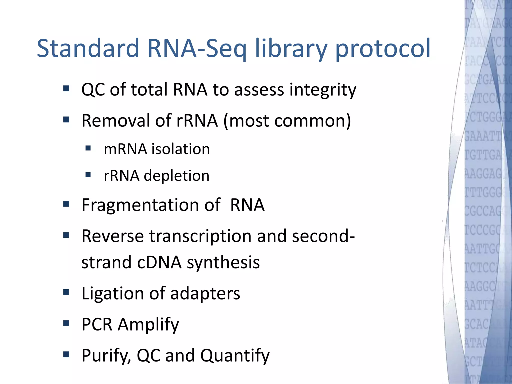 Standard RNA-Seq library protocol 
 QC of total RNA to assess integrity 
 Removal of rRNA (most common) 
 mRNA isolation 
 rRNA depletion 
 Fragmentation of RNA 
 Reverse transcription and second-strand 
cDNA synthesis 
 Ligation of adapters 
 PCR Amplify 
 Purify, QC and Quantify 
 