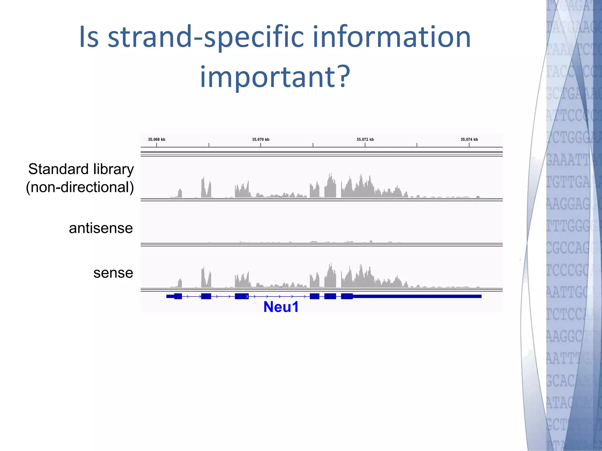 Is strand-specific information 
important? 
Standard library 
(non-directional) 
antisense 
sense 
Neu1 
 