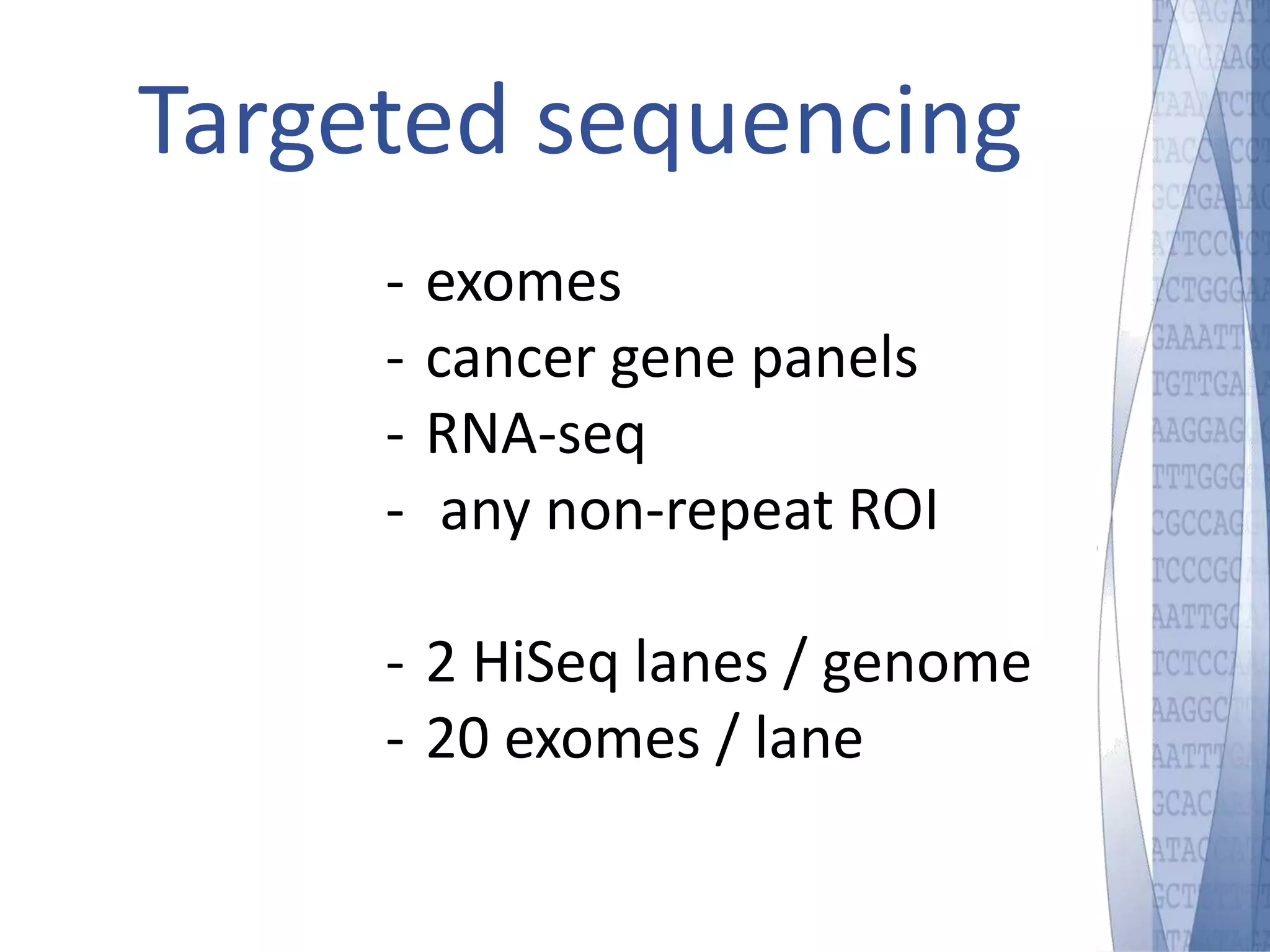 Targeted sequencing 
- exomes 
- cancer gene panels 
- RNA-seq 
- any non-repeat ROI 
- 2 HiSeq lanes / genome 
- 20 exomes / lane 
 