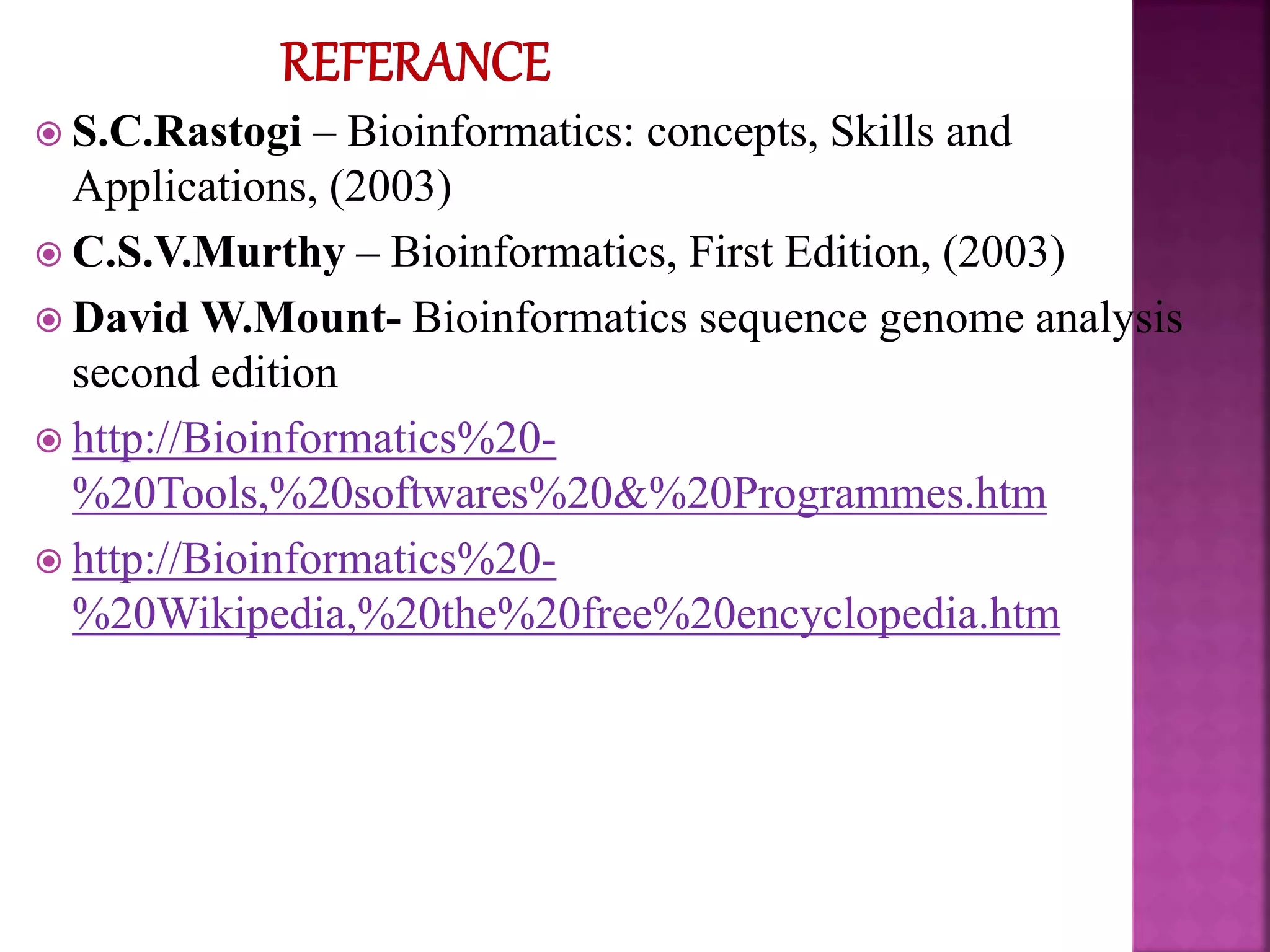  S.C.Rastogi – Bioinformatics: concepts, Skills and
Applications, (2003)
 C.S.V.Murthy – Bioinformatics, First Edition, (2003)
 David W.Mount- Bioinformatics sequence genome analysis
second edition
 http://Bioinformatics%20-
%20Tools,%20softwares%20&%20Programmes.htm
 http://Bioinformatics%20-
%20Wikipedia,%20the%20free%20encyclopedia.htm
 