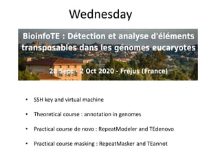 Wednesday
• SSH key and virtual machine
• Theoretical course : annotation in genomes
• Practical course de novo : RepeatModeler and TEdenovo
• Practical course masking : RepeatMasker and TEannot
 