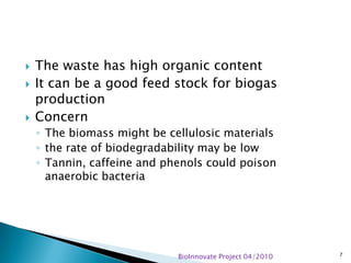 Biogas potential of spent, coffee husk and pulp