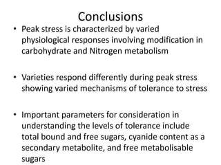 Changes in levels of bio-chemicals and secondary metabolites during peak stress in field cassava