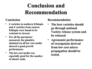 Evaluation of stress resistant sweetpotato varieties and their low cost micro-propagation: Ethiopian experience