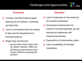Achievements and ongoing work on biopesticides at ICIPE—Some examples and lessons learnt 
