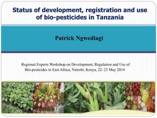 5/26/20141
Status of development, registration and use
of bio-pesticides in Tanzania
Patrick Ngwediagi
Regional Experts Workshop on Development, Regulation and Use of
Bio-pesticides in East Africa, Nairobi, Kenya, 22–23 May 2014
 