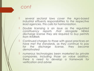 Policy and legislative environment for value addition for agro-based industrial effluents in Kenya