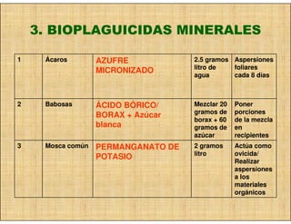 3. BIOPLAGUICIDAS MINERALES

1    Ácaros        AZUFRE            2.5 gramos Aspersiones
                                     litro de   foliares
                   MICRONIZADO
                                     agua       cada 8 días



2    Babosas       ÁCIDO BÓRICO/     Mezclar 20   Poner
                                     gramos de    porciones
                   BORAX + Azúcar
                                     borax + 60   de la mezcla
                   blanca            gramos de    en
                                     azúcar       recipientes
3    Mosca común   PERMANGANATO DE   2 gramos     Actúa como
                                     litro        ovicida/
                   POTASIO
                                                  Realizar
                                                  aspersiones
                                                  a los
                                                  materiales
                                                  orgánicos
 