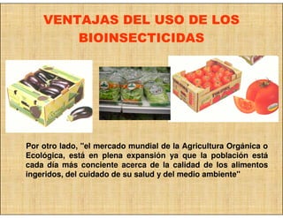 VENTAJAS DEL USO DE LOS
        BIOINSECTICIDAS




Por otro lado, "el mercado mundial de la Agricultura Orgánica o
Ecológica, está en plena expansión ya que la población está
cada día más conciente acerca de la calidad de los alimentos
ingeridos, del cuidado de su salud y del medio ambiente"
 