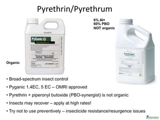 Pyrethrin/Pyrethrum
• Broad-spectrum insect control
• Pyganic 1.4EC, 5 EC – OMRI approved
• Pyrethrin + piperonyl butoxide (PBO-synergist) is not organic
• Insects may recover – apply at high rates!
• Try not to use preventively – insecticide resistance/resurgence issues
6% AI+
60% PBO
NOT organic
Organic
 