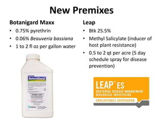 New Premixes
Botanigard Maxx
• 0.75% pyrethrin
• 0.06% Beauveria bassiana
• 1 to 2 fl oz per gallon water
Leap
• Btk 25.5%
• Methyl Salicylate (inducer of
host plant resistance)
• 0.5 to 2 qt per acre (5 day
schedule spray for disease
prevention)
 