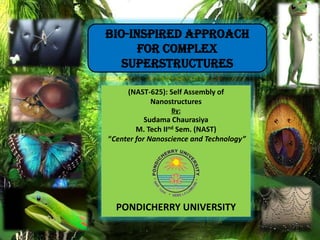 (NAST-625): Self Assembly of
Nanostructures
By:
Sudama Chaurasiya
M. Tech IInd Sem. (NAST)
“Center for Nanoscience and Technology”
PONDICHERRY UNIVERSITY
BIO-INSPIRED APPROACH
FOR COMPLEX
SUPERSTRUCTURES
 