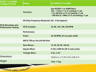 IEC601-1 and AAMI 
Leakage Currents Range: 0 to 8000 μA True RMS 
Accuracy: 
(per IEC601-1 or AAMI filter), 
-DC - 1 kHz ± 1 % of -reading ± 1 μA 
-1 to 100 kHz ± 2 % of reading ± 1 μA 
- 100 kHz to 1 MHz ± 5 % of reading ± 1 μA 
DC-Only Frequency Response: DC - 5 Hz (approx) 
ECG Simulation and 
Performance Testing ECG Complex: 30, 60, 120, 180, 240 BPM 
Performance 
Pulse: 30, 60 BPM, 63 ms pulse width 
600 to 700 μs rise and fall time 
Sine Waves: 10, 40, 50, 60, 100 Hz 
Square Wave: 0.125, 2.000 Hz (50 % duty cycle) 
Triangle Wave: 2 Hz, 2 mV 
Dimensions 16.62 in L x 11.75 in W x 5.56 in H 
Weight 17lb / 7.7kg 
 