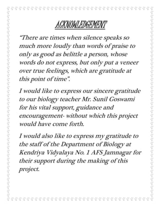 ACKNOWLEDGEMENT
“There are times when silence speaks so
much more loudly than words of praise to
only as good as belittle a person, whose
words do not express, but only put a veneer
over true feelings, which are gratitude at
this point of time”.
I would like to express our sincere gratitude
to our biology teacher Mr. Sunil Goswami
for his vital support, guidance and
encouragement- without which this project
would have come forth.
I would also like to express my gratitude to
the staff of the Department of Biology at
Kendriya Vidyalaya No. 1 AFS Jamnagar for
their support during the making of this
project.
 