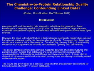 The Chemistry-to-Protein Relationship Quality
        Challenge: Confounding Linked Data?
                      (Poster, Chris Southan, BioIT Boston, 2012)

                                      Introduction

As evidenced from this meeting data integration to facilitate the generation of new
knowledge is undergoing a quantum jump driven by the generation of larger data sets,
expanded computational capacity and semantic web federated queries across linked open
sources.

However, the cloud in this bright future is that molecular mechanistic relationships inferred
from data of equivocal quality can become a house of cards. On a good day, these may
remain local artefacts in the uber-network. On a bad day, the very linking on which utility
depends can propagate errors instantly, remorselessly, globally and permanently.

This poster compares inferred mechanistic mappings between chemical structures and
proteins, both in curated drug databases and large chemogenomic data portals. A
surprising degree of discordance and different error types were found. It could also be
shown that various curatorial and automated parsing errors were being transitively passed
on between databases.

The results are given below as a series of problems that are potentially confounding for
linking between chemistry <> protein databases.
                                                                                            [1]
 