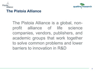 The Pistoia Alliance
2
The Pistoia Alliance is a global, non-
profit alliance of life science
companies, vendors, publishe...