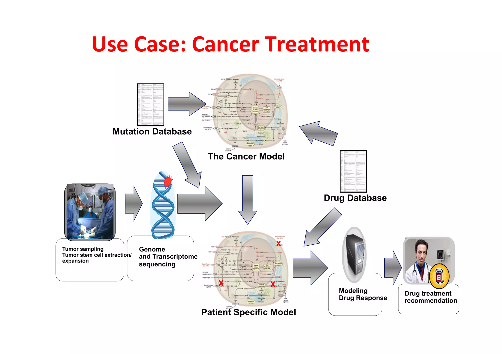 Use	
  Case:	
  Cancer	
  Treatment	
  
                                              	
  


                   Mutation Database

                                                   The Cancer Model



                                                                           Drug Database




                                                                      X         31
Tumor sampling                Genome
Tumor stem cell extraction/   and Transcriptome
expansion
                              sequencing

                                                     X            X
                                                                              Modeling        Drug treatment
                                                                              Drug Response   recommendation
                                                  Patient Specific Model
 