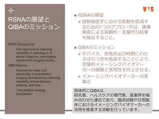+
RSNAの展望と
QIBAのミッション
 RSNAの展望
 放射線医学における変動を低減す
るための1つのアプローチは、画像
検査による客観的・定量的な結果
を抽出すること。
 QIBAのミッション
 デバイス、患者および時間にわた
るばらつきを低減することにより、
定量的イメージングバイオマー
カーの価値と実用性を向上させる。
 イメージングバイオマーカーの産
業化
RSNA Perspective;
One approach to reducing
variability in radiology is to
extract objective, quantitative
results from imaging studies.
QIBA Mission;
Improve the value and
practicality of quantitative
imaging biomarkers by reducing
variability across devices,
patients, and time.
“Industrialize imaging
biomarkers”
具体的にQIBAは、
研究者、ヘルスケアの専門家、産業界を噛
み合わせた連合であり、臨床試験や日常臨
床におけるイメージングバイオマーカーの
活用を推進する活動を行っています。
 