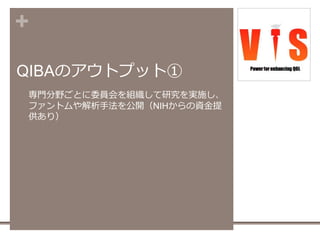 +
QIBAのアウトプット①
 専門分野ごとに委員会を組織して研究を実施し、
ファントムや解析手法を公開（NIHからの資金提
供あり）
18
 