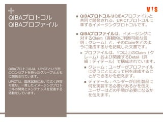 +QIBAプロトコル
QIBAプロファイル
 QIBAプロトコルはQIBAプロファイルと
共同で開発される、UPICTプロトコルに
準ずるイメージングプロトコルです。
 QIBAプロファイルは、イメージングに
対するClaim（客観的に判断可能な言
明：クレーム）と、そのClaimをどのよ
うに達成するかを記載した文書です。
 プロファイルは、1つ以上のClaim（ク
レーム）および関連するDetail（詳
細：ディテール）で構成されています。
 クレーム：ユーザーがプロファイル
に従うことによって何を達成するこ
とができるかを伝えます。
 ディテール：ベンダーが自社製品に
何を実装する必要があるかを伝え、
ユーザーはどの手順が必要になるか
を伝えます。
QIBAプロトコルは、UPICTという別
のコンセプトを持ったグループととも
に開発されています。
UPICTは、臨床試験において広く許容
可能な、一貫したイメージングプロト
コルの開発とメンテナンスを促進する
活動をしています。
 