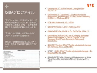 +
QIBAプロファイル
 QIBA Profile: CT Tumor Volume Change Profile
2016.10.18
 QIBA Profile: CT Volumetry: Lung Nodule Volume
Assessment and Monitoring in Lung Cancer Screening,
02.05.2014 '5February2014'
 DCE-MRI Profile v1.6 12-13-2011
 QIBA DWI Profile v1.21 04-February-2015
 QIBA fMRI Profile_06-04-14 Dr. Ted DeYoe 06.04.14
 QIBA Profile: FDG-PET/CT as an Imaging Biomarker
Measuring Response to Cancer Therapy (v1.04)
Reviewed Draft (Public Comments Addressed)
06NOV2013
 QIBA PET-Amyloid DRAFT Profile with tracked changes
{Dr. Perlman} July 7, 2016 (PDF)
 SPECT：QIBA DRAFT Profile with tracked changes - {Dr.
Miyaoka} May 10, 2016
 QIBA DRAFT Profile: Ultrasound Measurement of Shear
Wave Speed for Estimation of Liver Fibrosis April 14,
2016
プロファイルは、モダリティ別に、そ
れぞれの臨床のシーンにおいて周知し
ておきたい注意点（クレームや要求事
項）とその詳細が記載されています。
プロトコルと同様、まだ多くのプロ
ファイルが開発中の段階です。
例えば、CT腫瘍容積変化プロファイ
ルは、次のような内容で構成されてい
ます。
 