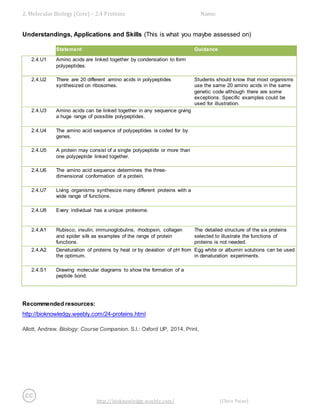 2. Molecular Biology (Core) – 2.4 Proteins Name: 
Understandings, Applications and Skills (This is what you maybe assessed on) 
Statement Guidance 
2.4.U1 Amino acids are linked together by condensation to form 
http://bioknowledgy.weebly.com/ (Chris Paine) 
polypeptides. 
2.4.U2 There are 20 different amino acids in polypeptides 
synthesized on ribosomes. 
Students should know that most organisms 
use the same 20 amino acids in the same 
genetic code although there are some 
exceptions. Specific examples could be 
used for illustration. 
2.4.U3 Amino acids can be linked together in any sequence giving 
a huge range of possible polypeptides. 
2.4.U4 The amino acid sequence of polypeptides is coded for by 
genes. 
2.4.U5 A protein may consist of a single polypeptide or more than 
one polypeptide linked together. 
2.4.U6 The amino acid sequence determines the three-dimensional 
conformation of a protein. 
2.4.U7 Living organisms synthesize many different proteins with a 
wide range of functions. 
2.4.U8 Every individual has a unique proteome. 
2.4.A1 Rubisco, insulin, immunoglobulins, rhodopsin, collagen 
and spider silk as examples of the range of protein 
functions. 
The detailed structure of the six proteins 
selected to illustrate the functions of 
proteins is not needed. 
2.4.A2 Denaturation of proteins by heat or by deviation of pH from 
the optimum. 
Egg white or albumin solutions can be used 
in denaturation experiments. 
2.4.S1 Drawing molecular diagrams to show the formation of a 
peptide bond. 
Recommended resources: 
http://bioknowledgy.weebly.com/24-proteins.html 
Allott, Andrew. Biology: Course Companion. S.l.: Oxford UP, 2014. Print. 
 