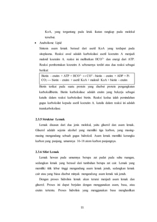 11
KoA, yang tergantung pada letak ikatan rangkap pada molekul
tersebut.
 Anabolisme Lipid
Sintesis asam lemak berasal dari asetil KoA yang terdapat pada
sitoplasma. Reaksi awal adalah karboksilasi asetil koenzim A menjadi
malonil koenzim A. reaksi ini melibatkan HCO3- dan energi dari ATP.
Reaksi pembentukan koenzim A sebenarnya terdiri atas dua reaksi sebagai
berikut:
Biotin terikat pada suatu protein yang disebut protein pengangkutan
karboksillbiotin. Biotin karboksilase adalah enzim yang bekerja sebagai
katalis dalam reaksi karboksilasi biotin. Reaksi kedua ialah pemindahan
gugus karboksilat kepada asetil koenzim A. katalis dalam reaksi ini adalah
transkarboksilase.
2.3.5 Struktur Lemak
Lemak disusun dari dua jenis molekul, yaitu gliserol dan asam lemak.
Gliserol adalah sejenis alcohol yang memiliki tiga karbon, yang masing-
masing mengandung sebuah gugus hidroksil. Asam lemak memiliki kerangka
karbon yang panjang, umumnya 16-18 atom karbon panjangnya.
2.3.6 Sifat Lemak
Lemak hewan pada umumnya berupa zat padat pada suhu ruangan,
sedangkan lemak yang berasal dari tumbuhan berupa zat cair. Lemak yang
memiliki titik lebur tinggi mengandung asam lemak jenuh, sedangkan lemak
cair atau yang biasa disebut minyak mengandung asam lemak tak jenuh.
Dengan proses hidrolisis lemak akan terurai menjadi asam lemak dan
gliserol. Proses ini dapat berjalan dengan menggunakan asam, basa, atau
enzim tertentu. Proses hidrolisis yang menggunakan basa menghasilkan
Biotin – enzim + ATP + HCO3- ↔ CO2 – biotin – enzim + ADP + Pi
CO2 --- biotin – enzim + asetil KoA + malonil KoA + biotin - enzim
 
