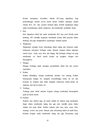22
Kobalt merupakan koostifuen vitamin B12 yang diperlukan bagi
perkembangan normal sel-sel darah merah. Sumber utamanya adalah
vitamin B12, B1, dan sayuran berdaun hijau. Kobalt mempunyai fungsi
untuk keseimbangan tubuh ruminansia dan membentuk pembuluh darah.
5. Klor
Klor digunakan tubuh kita untuk membentuk HCl atau asam klorida pada
lambung. HCl memiliki kegunaan membunuh kuman bibit penyakit dalam
lambung dan juga mengaktifkan pepsinogen menjadi pepsin.
6. Magnesium
Magnesium sebagian besar terkandung dalam tulang dan berperan untuk
kelancaran pekerjaan berbagai enzim. Banyak terdapat dalam makanan
seperti sayur , buah, susu, ikan, dan daging. Mg berfungsi sebagai zat yang
membentuk sel darah merah berupa zat pengikat oksigen dan
haemoglobin.
7. Mangan
Mangan berfungsi untuk menagtur pertumbuhan tubuh kita dan system
reproduksi
8. Kalium
Kalium dibutuhkan sebagai pembentuk aktivitas otot jantung. Kalium
bekerjasama dengan Na mengatur keseimbangan kadar air sel, dan
bersama na berguna pula untuk mengatur kelancaran keluar-masuk zat
makanan dari dan ke dalam sel.
9. Tembaga
Tembaga pada tubuh manusia berguna sebagai pembentuk haemoglobin
pada sel darah merah.
10. Kalsium
Kalsium atau disebut juga zat kapur adalah zat mineral yang mempunyai
fungsi dalam membentuk tulang dan gigi serta memilki peran dalam
vitalitas otot pada tubuh. Sumber kalsium yaitu susu, keju, sayur, telur,
mentega, wortel, dan jeruk. Banyak pula terkandung dalam air putih biasa.
Kalsium berguna untuk membentuk tulang dan gigi. Peranannya yang
 