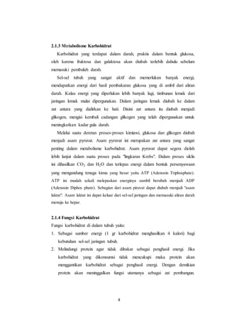 4
2.1.3 Metabolisme Karbohidrat
Karbohidrat yang terdapat dalam darah, praktis dalam bentuk glukosa,
oleh karena fruktosa dan galaktosa akan diubah terlebih dahulu sebelum
memasuki pembuluh darah.
Sel-sel tubuh yang sangat aktif dan memerlukan banyak energi,
mendapatkan energi dari hasil pembakaran glukosa yang di ambil dari aliran
darah. Kalau energi yang diperlukan lebih banyak lagi, timbunan lemak dari
jaringan lemak mulai dipergunakan. Dalam jaringan lemak diubah ke dalam
zat antara yang dialirkan ke hati. Disini zat antara itu diubah menjadi
glikogen, mengisi kembali cadangan glikogen yang telah dipergunakan untuk
meningkatkan kadar gula darah.
Melalui suatu deretan proses-proses kimiawi, glukosa dan glikogen diubah
menjadi asam pyruvat. Asam pyruvat ini merupakan zat antara yang sangat
penting dalam metabolisme karbohidrat. Asam pyruvat dapat segera diolah
lebih lanjut dalam suatu proses pada "lingkaran Krebs". Dalam proses siklis
ini dihasilkan CO2 dan H2O dan terlepas energi dalam bentuk persenyawaan
yang mengandung tenaga kimia yang besar yaitu ATP (Adenosin Triphosphate).
ATP ini mudah sekali melepaskan energinya sambil berubah menjadi ADP
(Adenosin Diphos phate). Sebagian dari asam piruvat dapat diubah menjadi "asam
laktat". Asam laktat ini dapat keluar dari sel-sel jaringan dan memasuki aliran darah
menuju ke hepar.
2.1.4 Fungsi Karbohidrat
Fungsi karbohidrat di dalam tubuh yaitu:
1. Sebagai sumber energi (1 gr karbohidrat menghasilkan 4 kalori) bagi
kebutuhan sel-sel jaringan tubuh.
2. Melindungi protein agar tidak dibakar sebagai penghasil energi. Jika
karbohidrat yang dikonsumsi tidak mencukupi maka protein akan
menggantikan karbohidrat sebagai penghasil energi. Dengan demikian
protein akan meninggalkan fungsi utamanya sebagai zat pembangun.
 