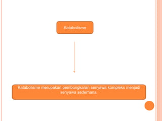Katabolisme
Katabolisme merupakan pembongkaran senyawa kompleks menjadi
senyawa sederhana.
 