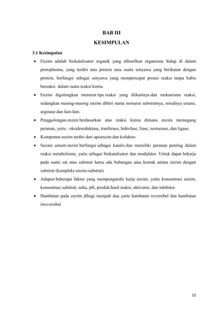 12
BAB III
KESIMPULAN
3.1 Kesimpulan
 Enzim adalah biokatalisator organik yang dihasilkan organisme hidup di dalam
protoplasma, yang terdiri atas protein atau suatu senyawa yang berikatan dengan
protein, berfungsi sebagai senyawa yang mempercepat proses reaksi tanpa habis
bereaksi dalam suatu reaksi kimia.
 Enzim digolongkan menurut tipe reaksi yang diikutinya dan mekanisme reaksi,
sedangkan masing-masing enzim diberi nama menurut substratnya, misalnya urease,
arginase dan lain-lain.
 Penggolongan enzim berdasarkan atas reaksi kimia dimana enzim memegang
peranan, yaitu : oksidoreduktase, tranferase, hidrolase, liase, isomerase, dan ligase.
 Komponen enzim terdiri dari apoenzim dan kofaktor.
 Secara umum enzim berfungsi sebagai katalis dan memiliki peranan penting dalam
reaksi metabolisme, yaitu sebagai biokatalisator dan modulator. Untuk dapat bekerja
pada suatu zat atau substrat harus ada hubungan atau kontak antara enzim dengan
substrat (kompleks enzim-substrat).
 Adapun beberapa faktor yang mempengaruhi kerja enzim, yaitu konsentrasi enzim,
konsentrasi substrat, suhu, pH, produk/hasil reaksi, aktivator, dan inhibitor.
 Hambatan pada enzim dibagi menjadi dua yaitu hambatan reversibel dan hambatan
irreversibel
 