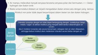 • Air mampu melarutkan banyak senyawa terutama senyawa polar dan bermuatan.>>> ikatan
hydrogen dan ikatan ionik
• Reaksi antarmolekul didalam air terjadi mengadakan ikatan antara satu dengan yang lainnya
• Molekul non polar tidak dapat berpartisipasi dalam ikatan ion dan ikatan hidrogen.
Interaksi nonpolar dengan air tidak dapat berlangsung dengan molekulnya, tetapi
melalu “cages” di sekitar molekul yang menjadi lebih teratur dibandingkan air
sendiri.
Jika 2 molekul nonpolar ada secara bersamaan, sebagian dari air akan dilepaskan,
sehingga kedua molekul akan melakukan interaksi secara bebas dengan air.
Jenis
ikatan
Kovalen
nonkovalen
Ikatan
elektrostatik
Ikatan
hidrogen
Ikatan van
der waals
 