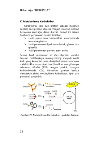 Bahan Ajar “BIOKIMIA”
12
C. Metabolisme Karbohidrat
Karbohidrat, lipid dan protein sebagai makanan
sumber energi harus dicerna menjadi molekul-molekul
berukuran kecil agar dapat diserap. Berikut ini adalah
hasil akhir pencernaan nutrien tersebut:
 Hasil pencernaan karbohidrat: monosakarida
terutama glukosa
 Hasil pencernaan lipid: asam lemak, gliserol dan
gliserida
 Hasil pencernaan protein: asam amino
Semua hasil pencernaan di atas diproses melalui
lintasan metaboliknya masing-masing menjadi Asetil
KoA, yang kemudian akan dioksidasi secara sempurna
melalui siklus asam sitrat dan dihasilkan energi berupa
adenosin trifosfat (ATP) dengan produk buangan
karbondioksida (CO2). Perhatikan gambar berikut
merupakan siklus metabolisme karbohidrat, lipid dan
protein di bawah ini :
Gambar 2.1 Metabolisme Karbohidrat, Lipid dan Protein
 