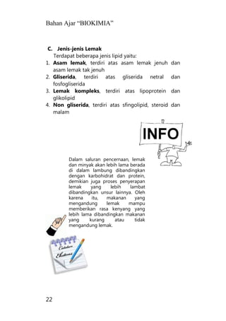 Bahan Ajar “BIOKIMIA”
22
C. Jenis-jenis Lemak
Terdapat beberapa jenis lipid yaitu:
1. Asam lemak, terdiri atas asam lemak jenuh dan
asam lemak tak jenuh
2. Gliserida, terdiri atas gliserida netral dan
fosfogliserida
3. Lemak kompleks, terdiri atas lipoprotein dan
glikolipid
4. Non gliserida, terdiri atas sfingolipid, steroid dan
malam
Dalam saluran pencernaan, lemak
dan minyak akan lebih lama berada
di dalam lambung dibandingkan
dengan karbohidrat dan protein,
demikian juga proses penyerapan
lemak yang lebih lambat
dibandingkan unsur lainnya. Oleh
karena itu, makanan yang
mengandung lemak mampu
memberikan rasa kenyang yang
lebih lama dibandingkan makanan
yang kurang atau tidak
mengandung lemak.
 