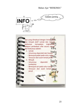 Bahan Ajar “BIOKIMIA”
23
Apa yang dimaksud dengan lemak (fat)
dan minyak (oil)? Lemak dan minyak
keduanya merupakan trigliserida.
Adapun perbedaan sifat secara umum
dari keduanya adalah:
1. Lemak
- Umumnya diperoleh dari hewan
- Berwujud padat pada suhu ruang
- Tersusun dari asam lemak jenuh
2. Minyak
- Umumnya diperoleh dari
tumbuhan
- Berwujud cair pada suhu ruang
- Tersusun dari asam lemak tak
jenuh
Catatan penting
 