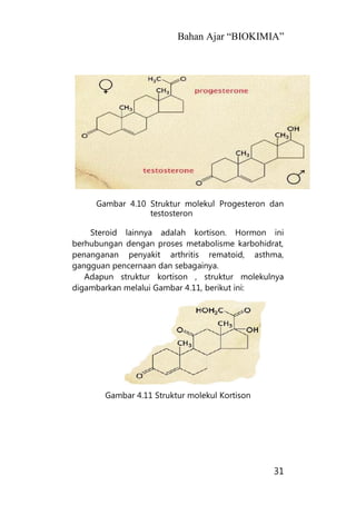 Bahan Ajar “BIOKIMIA”
31
Gambar 4.10 Struktur molekul Progesteron dan
testosteron
Steroid lainnya adalah kortison. Hormon ini
berhubungan dengan proses metabolisme karbohidrat,
penanganan penyakit arthritis rematoid, asthma,
gangguan pencernaan dan sebagainya.
Adapun struktur kortison , struktur molekulnya
digambarkan melalui Gambar 4.11, berikut ini:
Gambar 4.11 Struktur molekul Kortison
 