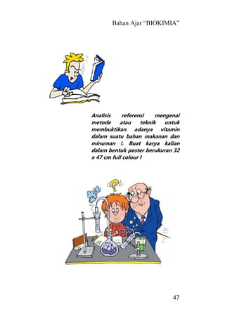 Bahan Ajar “BIOKIMIA”
47
Analisis referensi mengenai
metode atau teknik untuk
membuktikan adanya vitamin
dalam suatu bahan makanan dan
minuman !. Buat karya kalian
dalam bentuk poster berukuran 32
x 47 cm full colour l
 