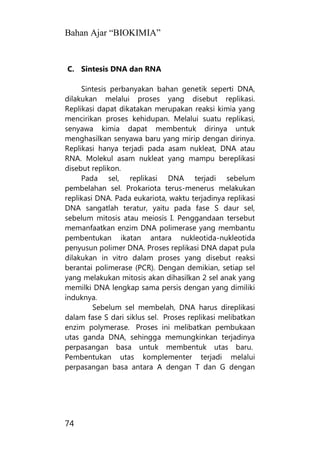 Bahan Ajar “BIOKIMIA”
74
C. Sintesis DNA dan RNA
Sintesis perbanyakan bahan genetik seperti DNA,
dilakukan melalui proses yang disebut replikasi.
Replikasi dapat dikatakan merupakan reaksi kimia yang
mencirikan proses kehidupan. Melalui suatu replikasi,
senyawa kimia dapat membentuk dirinya untuk
menghasilkan senyawa baru yang mirip dengan dirinya.
Replikasi hanya terjadi pada asam nukleat, DNA atau
RNA. Molekul asam nukleat yang mampu bereplikasi
disebut replikon.
Pada sel, replikasi DNA terjadi sebelum
pembelahan sel. Prokariota terus-menerus melakukan
replikasi DNA. Pada eukariota, waktu terjadinya replikasi
DNA sangatlah teratur, yaitu pada fase S daur sel,
sebelum mitosis atau meiosis I. Penggandaan tersebut
memanfaatkan enzim DNA polimerase yang membantu
pembentukan ikatan antara nukleotida-nukleotida
penyusun polimer DNA. Proses replikasi DNA dapat pula
dilakukan in vitro dalam proses yang disebut reaksi
berantai polimerase (PCR). Dengan demikian, setiap sel
yang melakukan mitosis akan dihasilkan 2 sel anak yang
memilki DNA lengkap sama persis dengan yang dimiliki
induknya.
Sebelum sel membelah, DNA harus direplikasi
dalam fase S dari siklus sel. Proses replikasi melibatkan
enzim polymerase. Proses ini melibatkan pembukaan
utas ganda DNA, sehingga memungkinkan terjadinya
perpasangan basa untuk membentuk utas baru.
Pembentukan utas komplementer terjadi melalui
perpasangan basa antara A dengan T dan G dengan
 