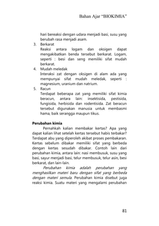 Bahan Ajar “BIOKIMIA”
81
hari bereaksi dengan udara menjadi basi, susu yang
berubah rasa menjadi asam.
3. Berkarat
Reaksi antara logam dan oksigen dapat
mengakibatkan benda tersebut berkarat. Logam,
seperti : besi dan seng memiliki sifat mudah
berkarat.
4. Mudah meledak
Interaksi zat dengan oksigen di alam ada yang
mempunyai sifat mudah meledak, seperti :
magnesium, uranium dan natrium.
5. Racun
Terdapat beberapa zat yang memiliki sifat kimia
beracun, antara lain: insektisida, pestisida,
fungisida, herbisida dan rodentisida. Zat beracun
tersebut digunakan manusia untuk membasmi
hama, baik serangga maupun tikus.
Perubahan kimia
Pernahkah kalian membakar kertas? Apa yang
dapat kalian lihat setelah kertas tersebut habis terbakar?
Terdapat abu yang diperoleh akibat proses pembakaran.
Kertas sebelum dibakar memiliki sifat yang berbeda
dengan kertas sesudah dibakar. Contoh lain dari
perubahan kimia, antara lain: nasi membusuk, susu yang
basi, sayur menjadi basi, telur membusuk, telur asin, besi
berkarat, dan lain-lain.
Perubahan kimia adalah perubahan yang
menghasilkan materi baru dengan sifat yang berbeda
dengan materi semula. Perubahan kimia disebut juga
reaksi kimia. Suatu materi yang mengalami perubahan
 