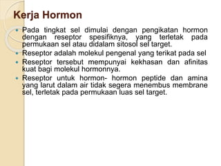Kerja Hormon
 Pada tingkat sel dimulai dengan pengikatan hormon
dengan reseptor spesifiknya, yang terletak pada
permukaan sel atau didalam sitosol sel target.
 Reseptor adalah molekul pengenal yang terikat pada sel
 Reseptor tersebut mempunyai kekhasan dan afinitas
kuat bagi molekul hormonnya.
 Reseptor untuk hormon- hormon peptide dan amina
yang larut dalam air tidak segera menembus membrane
sel, terletak pada permukaan luas sel target.
 