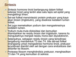 Sintesis
 Sintesis hormone tiroid berlangsung dalam folikel
kelenjar tiroid yang terdiri atas satu lapis sel epitel yang
mengelilingi limen.
 Sel-sel folikel mensintesisi protein prekusor yang kaya
akan tirosin (triglobulin), yang disekresi kedalam lumen
folikel.
 Sel juga memekatkan yodium dan mengsekresinya
kedalam lumen.
 Yodium mula-mula dioksidasi dan kemudian
ditambahkan ke residu tirosin dari triglobulin, karena itu
mengubahnya menjadi residu mono-dan diyodotironin.
 Selanjutnya, sebagian residu tirosin yang teriodinasi
bergabung membentuk T3 dan T4. bila sel-sel folikel
dirangsang untuk mengsekresi hormone tiroid, prekusor
teryodinasi diambil oleh sel dengan cara endositosis dan
ditranfer ke lilosom.
 Protease lilosom menghidrolisis prekusor, menghasilkan
T3 dan T4 yang kemudian di sekresi.
 
